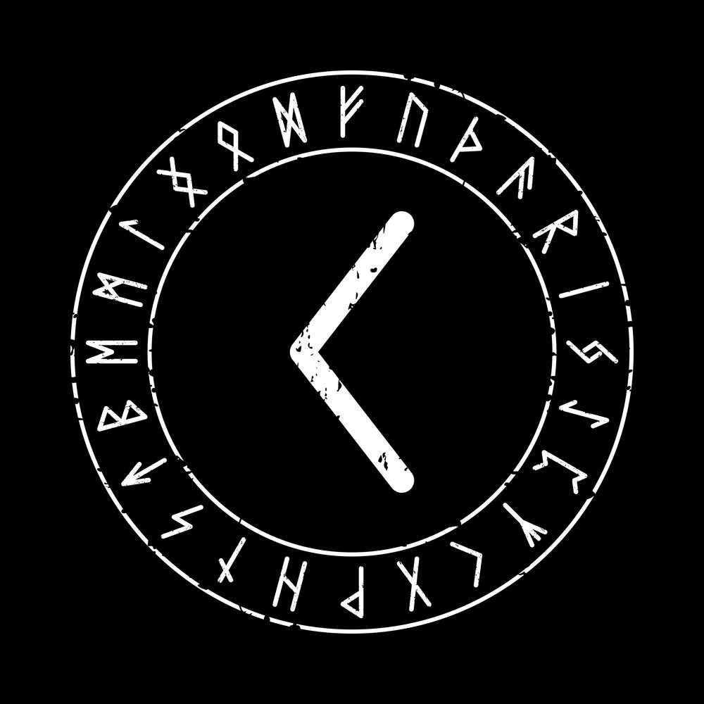 BLACK SQUARE BACKGROUND WITH KENAZ RUNE IN A MAGIC CIRCLE
